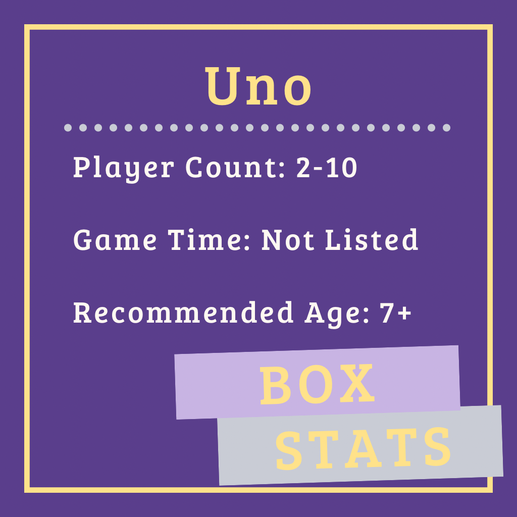 Uno Box Stats Player Count: 2-10 Game Time: Not Listed Recommended Age: 7+